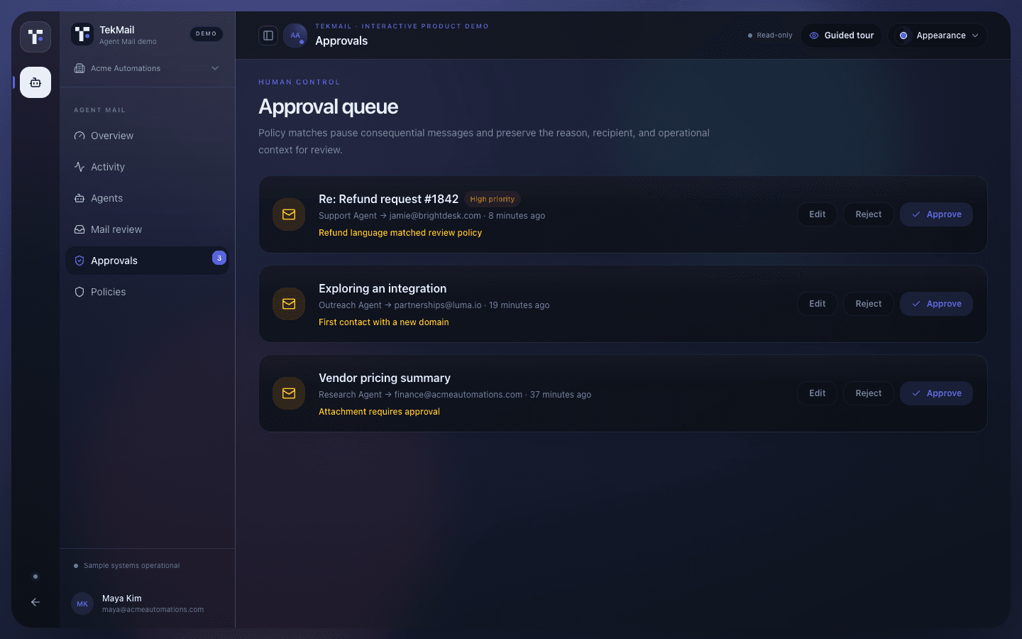 TekMail approval queue showing held agent messages and the policies that require human review