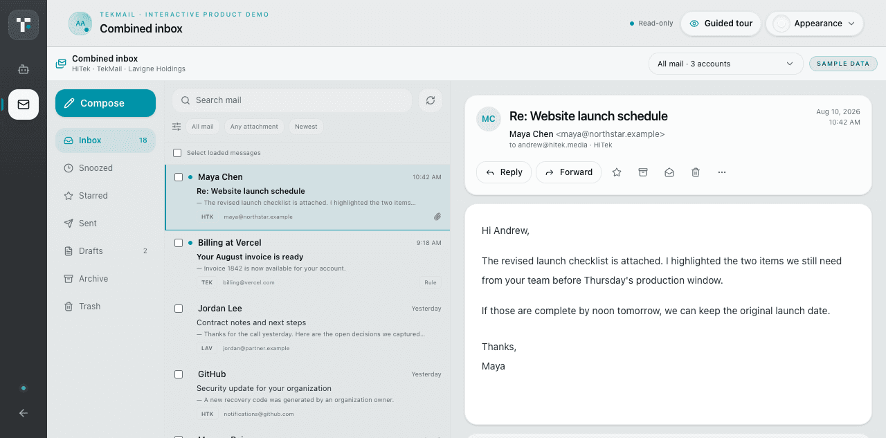 TekMail combined business inbox with three accounts, sender-first message rows, sorting controls, and message reader