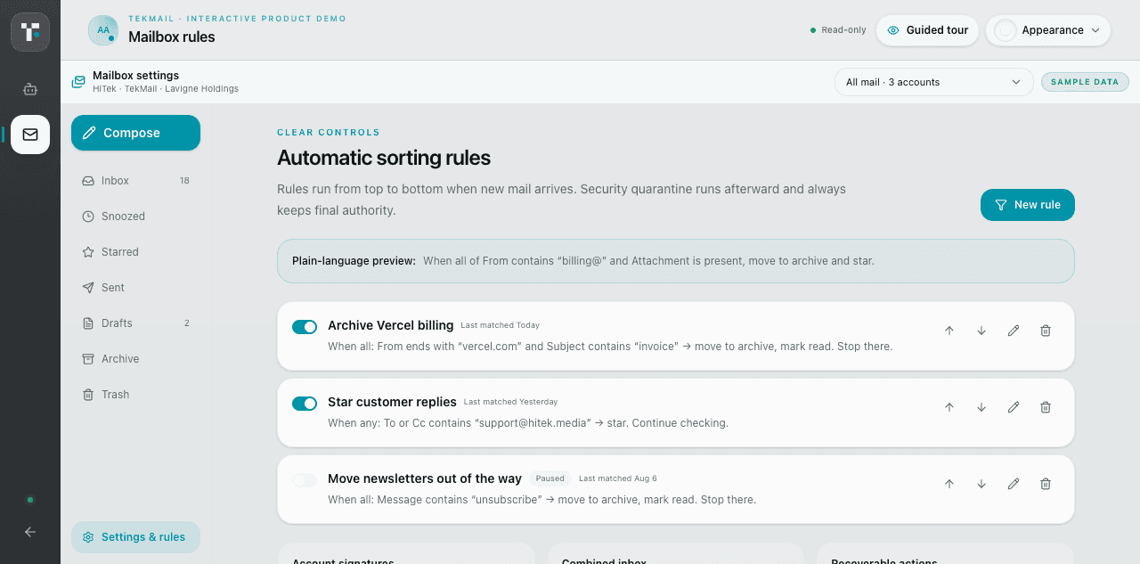TekMail automatic business mail rules shown in ordered plain-language controls